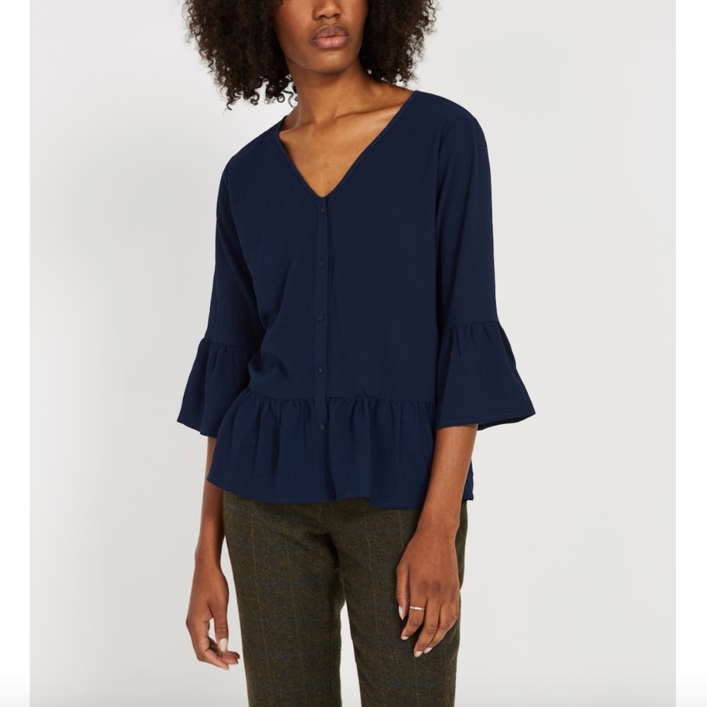 NWT FRANK & OAK V-NECK BELL SLEEVE BLOUSE  NAVY -S
